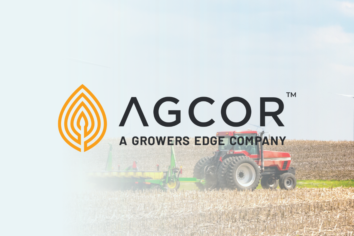 Tractor on agricultural land overlaid with Agcor logo