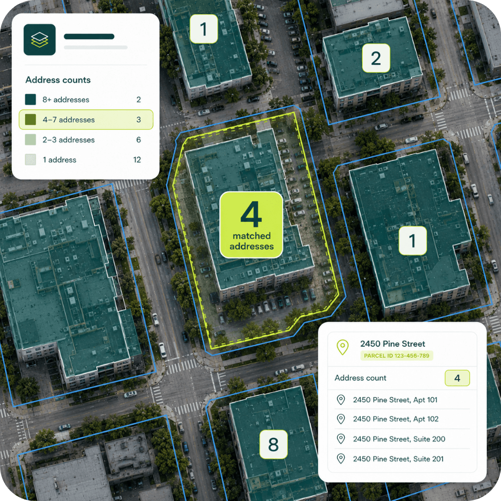 An aerial view map displaying building addresses, with a highlighted building showing 4 matched addresses. A legend indicates address counts, and a pop-up shows specific addresses for 2450 Pine Street.