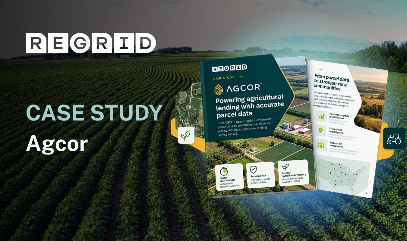 Farm landscape with rows of crops, overlaid with “Regrid” and “CASE STUDY Agcor,” plus a central green infographic panel and smaller document icons.