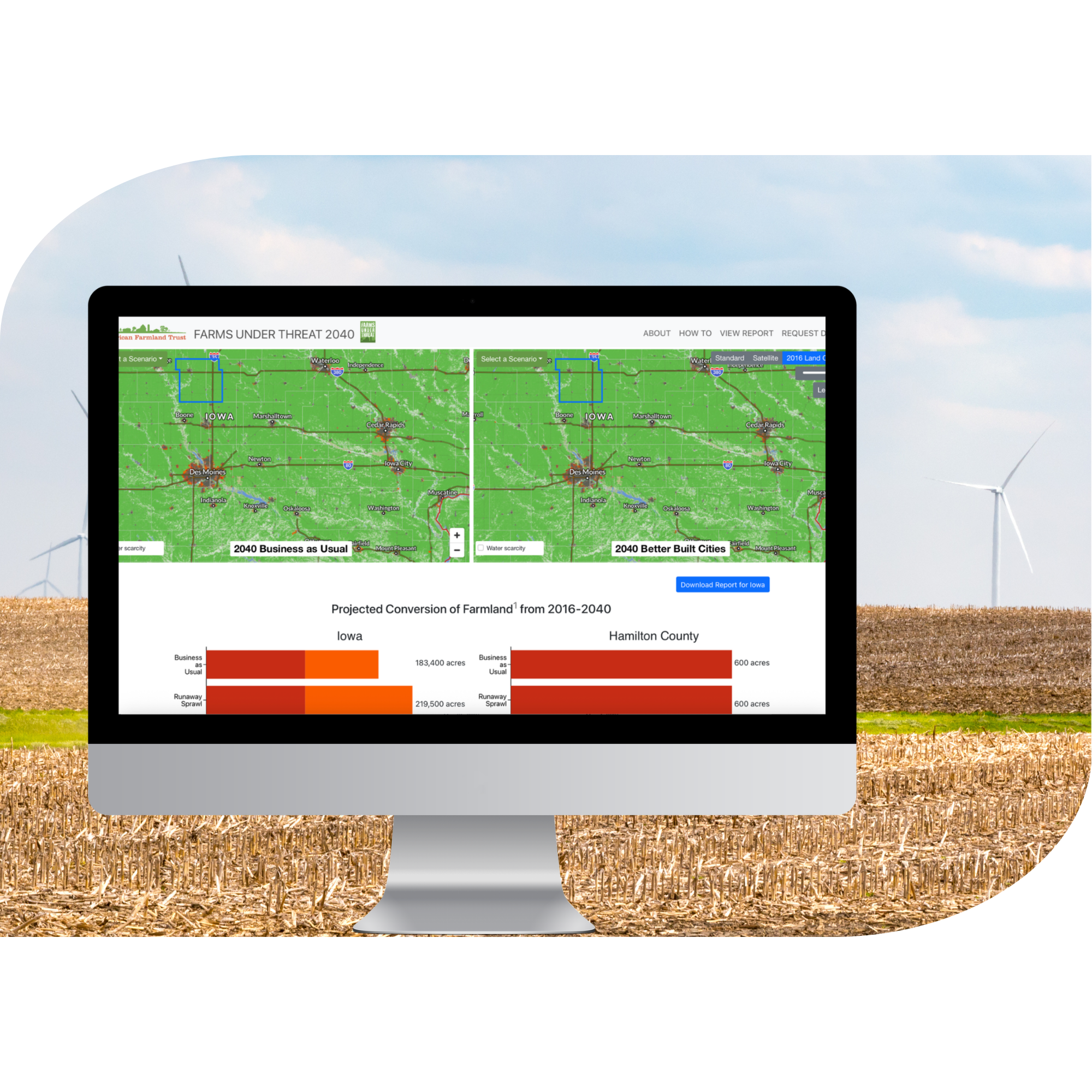 Agricultural background overlaid with computer showing two maps