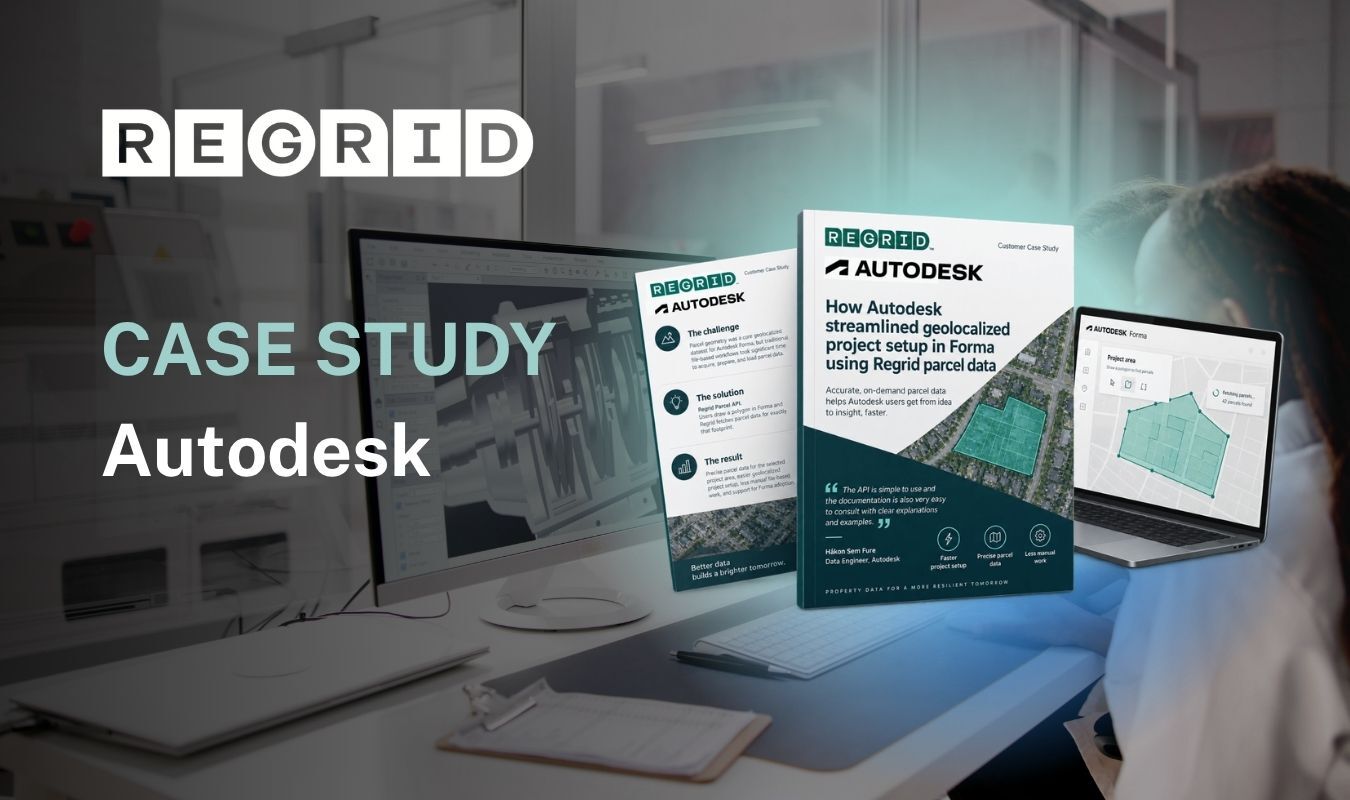 Regrid case study graphic for Autodesk over a photo of a person working at a desk with laptops and printed materials; the screen shows maps and technical documents, with “CASE STUDY” and “Autodesk” text.