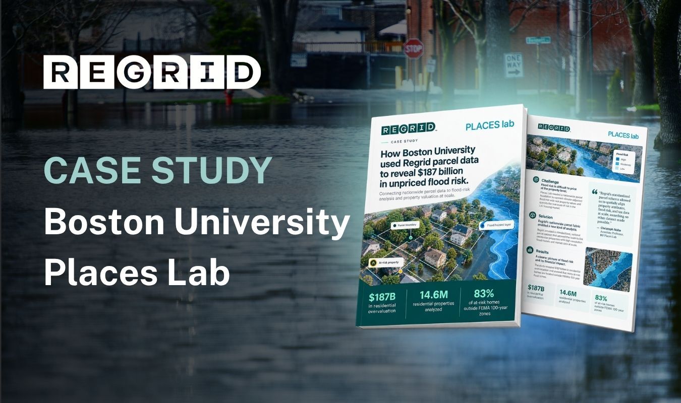 Regrid case study title over a river scene, with two brochures labeled “Places Lab” and “Boston University,” featuring aerial campus imagery and text blocks.