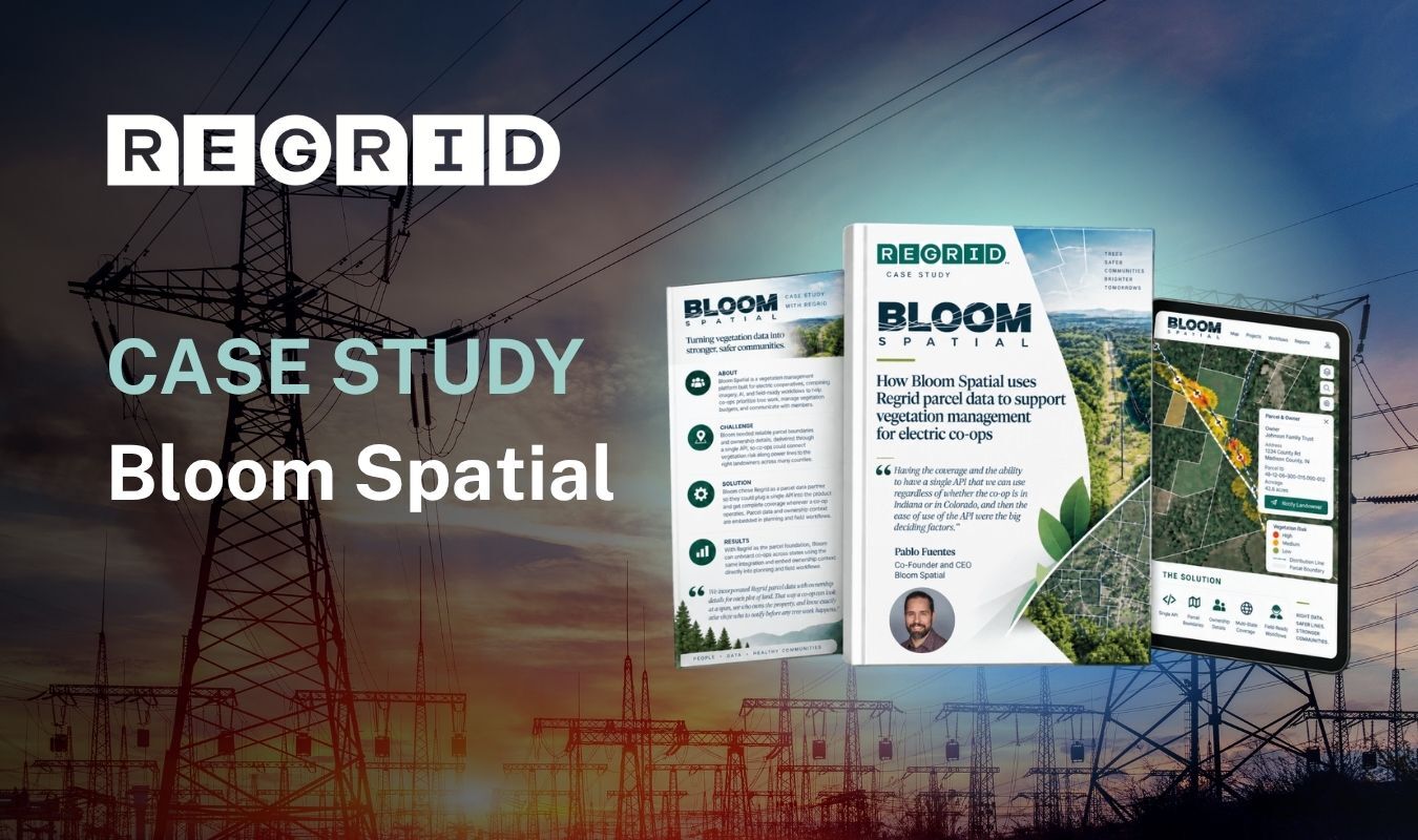 A promotional banner for “REGRID” with the text “CASE STUDY” and “Bloom Spatial,” showing three overlapping document and map mockups over a background of power lines and transmission towers at sunset.