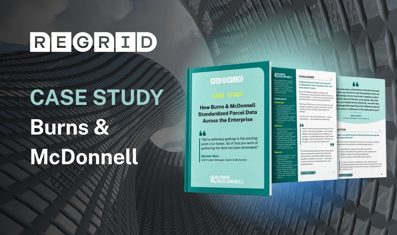 Regrid case study title reading “Burns & McDonnell” over a dark textured background, with two open brochures showing “CASE STUDY” and “How Burns & McDonnell…” text.