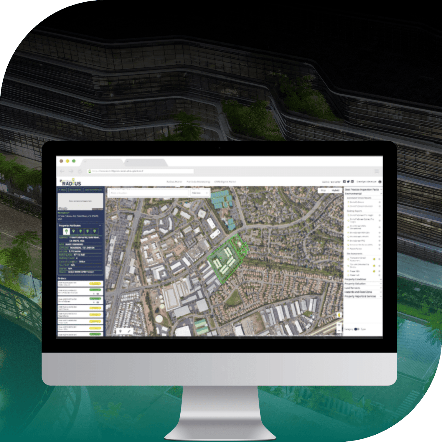 CREtelligent RADIUS platform on a computer screen overlaid on image of commercial building