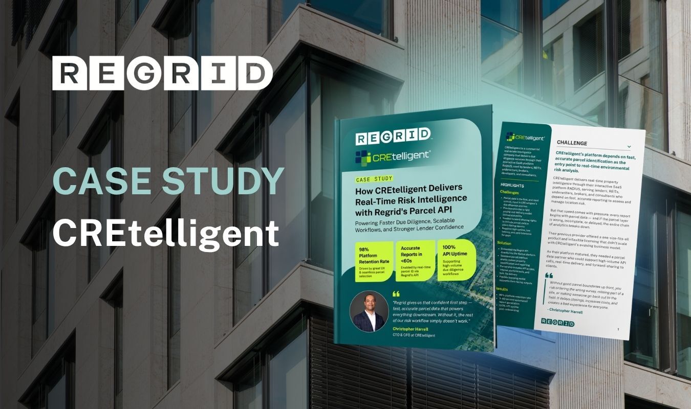A city office building facade with a case study mockup showing Regrid and CREtelligent