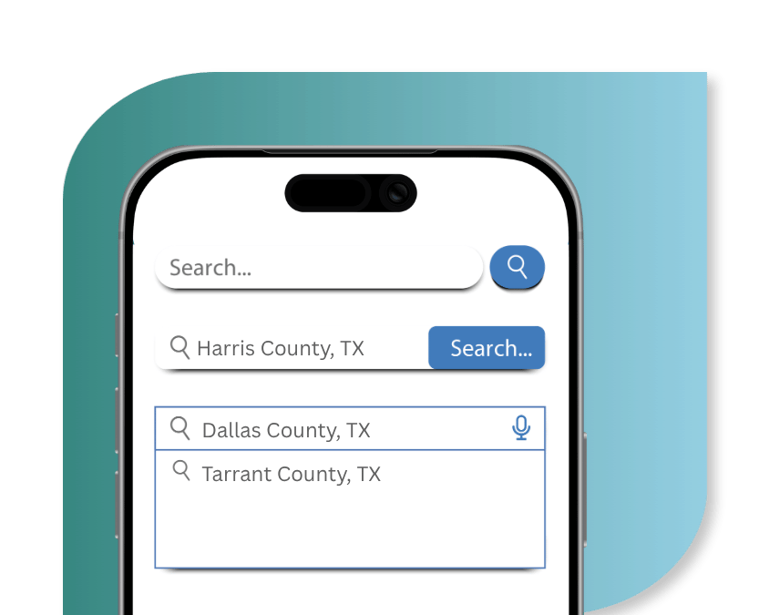 Mobile phone showing a county search Texas