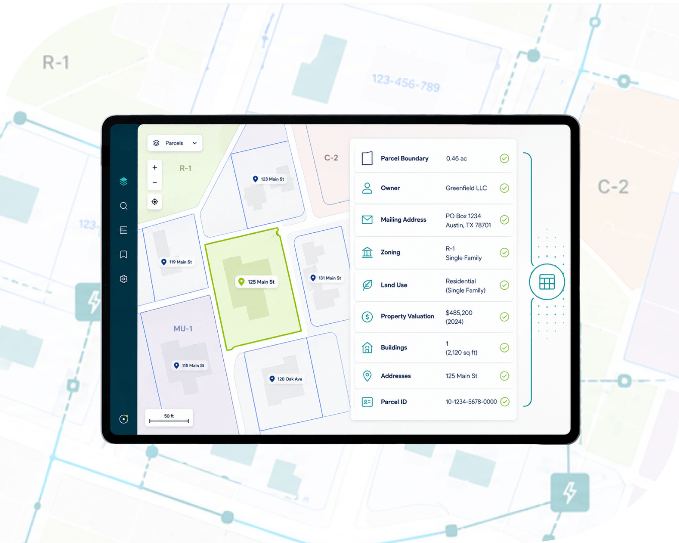 A tablet screen showing a map with highlighted property lot and boundary lines, alongside a right-side panel with property details such as owner, land use, valuation, building info, and address.