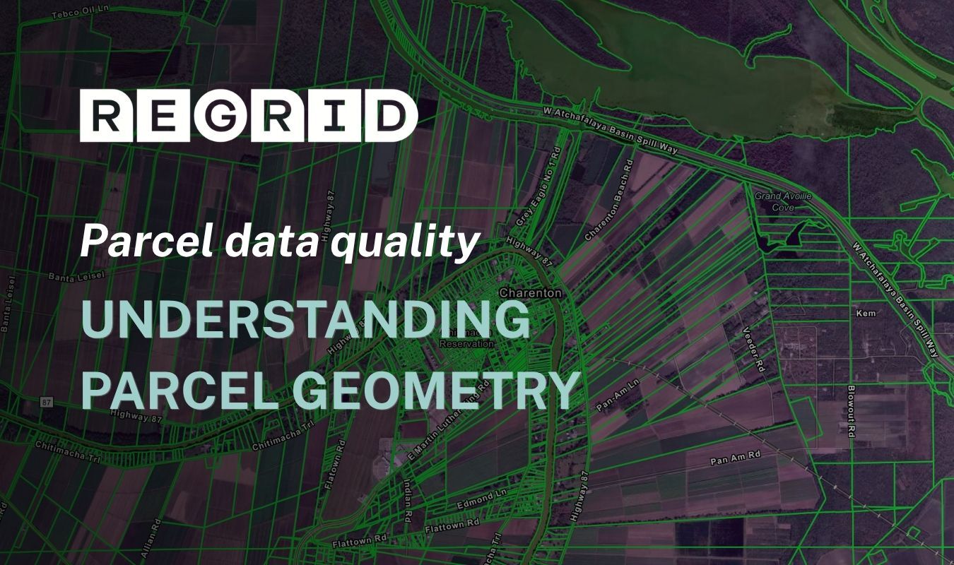 Background parcel map overlaid with Regrid logo and headline that reads 