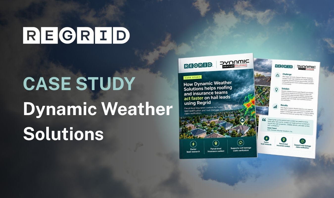 Regrid case study title “Dynamic Weather Solutions” on a cloudy sky background, with two side-by-side brochures showing case study-related text and charts.