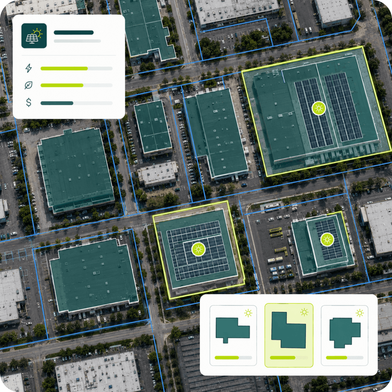An aerial view of a city block, multiple buildings, some with solar panels on their roofs. A user interface overlay displays solar energy potential, efficiency, and cost information, along with building footprint options for solar panel installation.