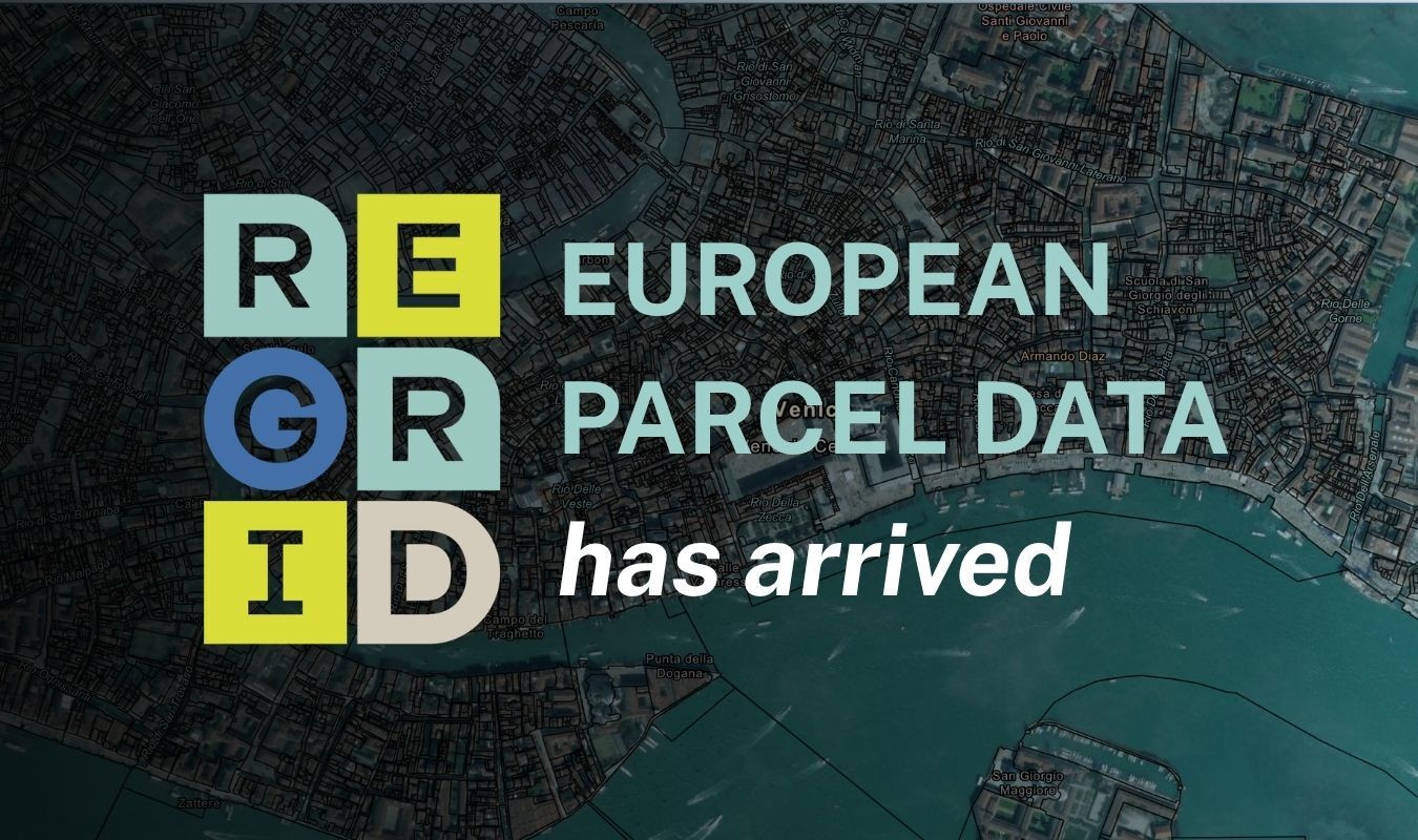 Parcel map of Venice overlaid with a dark gradient and Regrid logo and text reading 