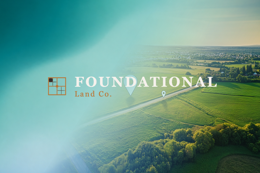 Foundational land co logo overlaid on image of fields with houses in the background