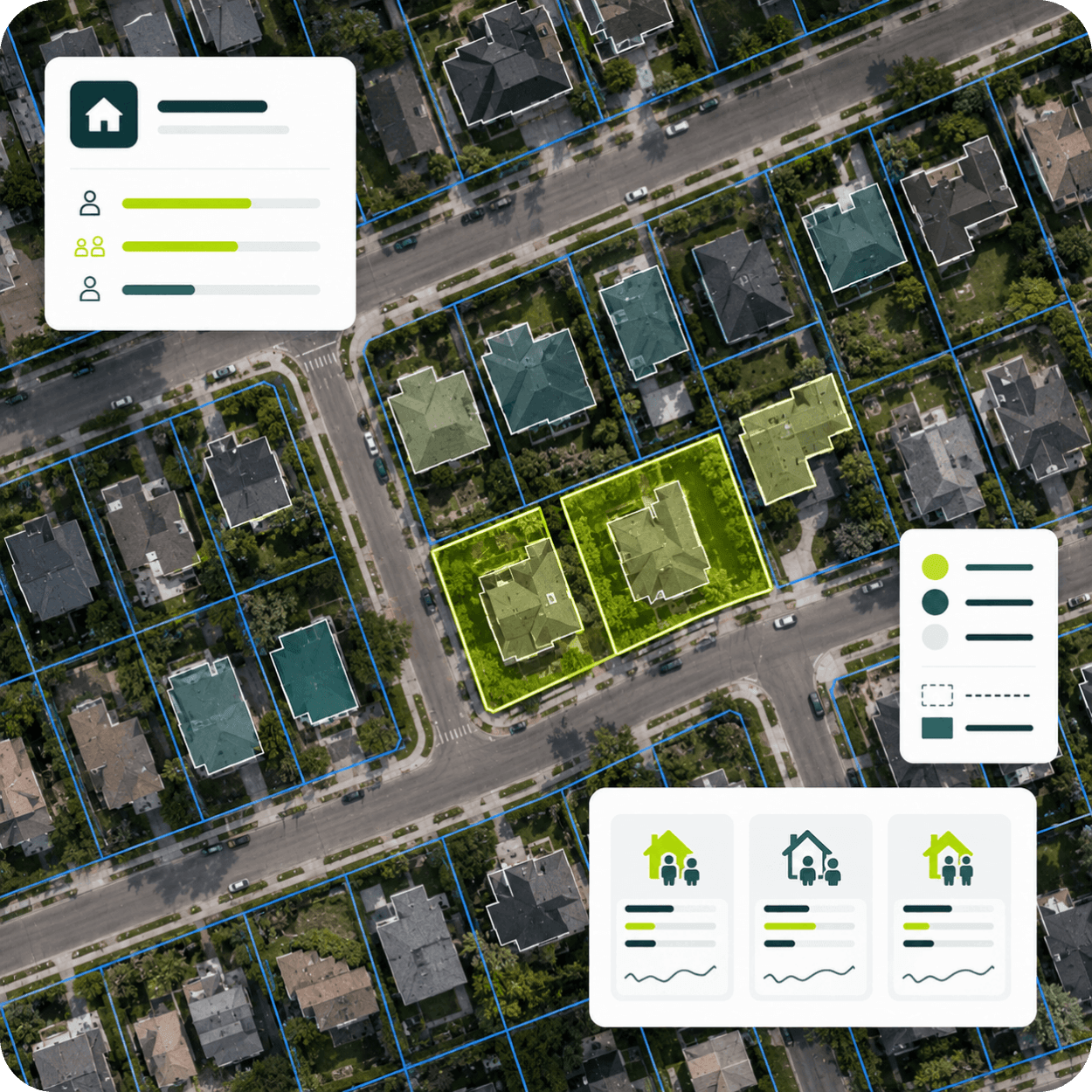 Aerial view of a neighborhood with property lines and overlayed data panels showing house icons and bar graphs.