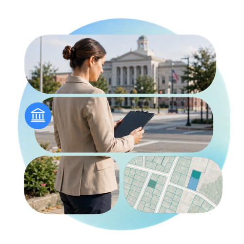 A person in a blazer holds a clipboard while standing in front of a building, with a map overlay showing property lots.