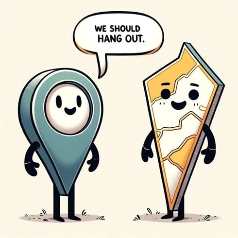 A location pin talking to a land parcel: "We should hang out."