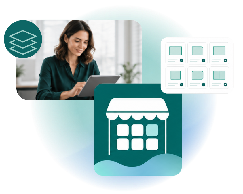 Image showing person on a tablet surrounded by schematic depiction of data store and attributes-1 Image showing person on a tablet surrounded by schematic depiction of data store and attributes-1