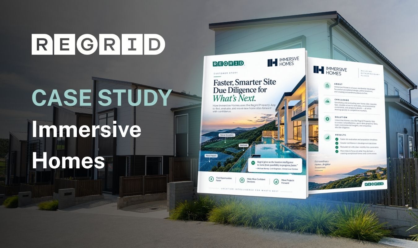A case study banner for Regrid titled “Immersive Homes,” with two brochure-style panels featuring property and floorplan text over a photo of modern homes.