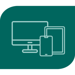 Icons of computer screen, tablet and mobile phone on a dark green background