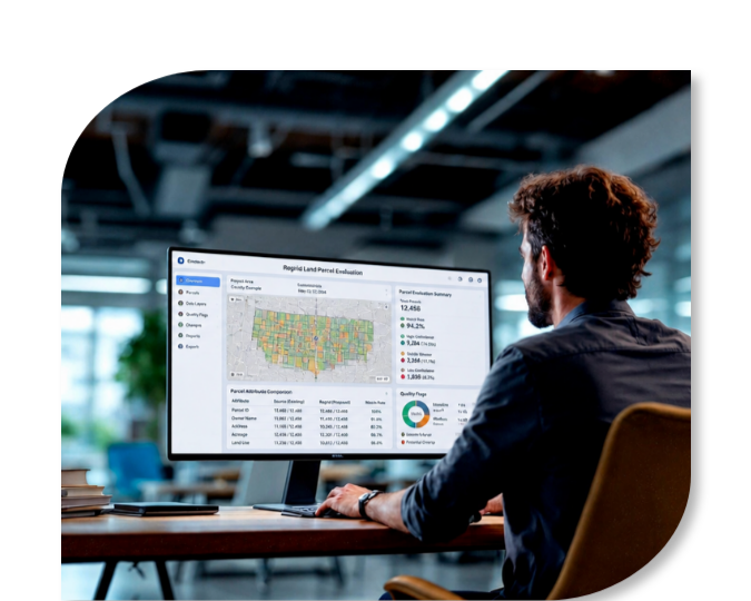 Man sitting at computer screen evaluating Regrid data