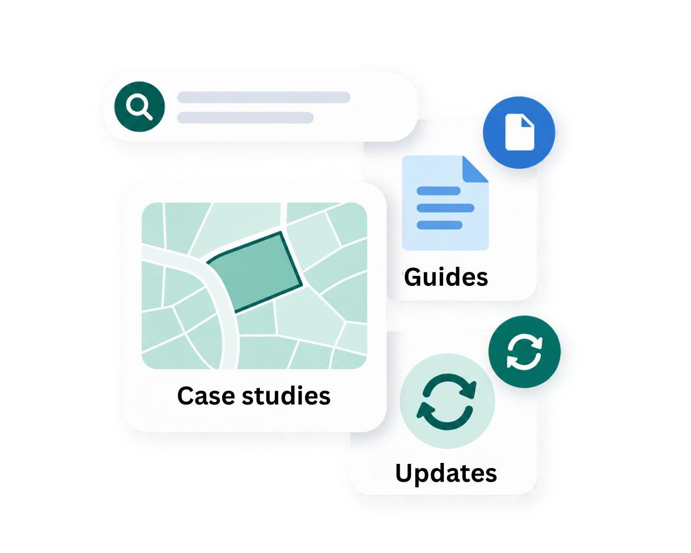 Minimal flat illustration of a search bar with a magnifying glass, a map tile, a document icon, and two stacked refresh-style icons in green and blue. Minimal flat illustration of a search bar with a magnifying glass, a map tile, a document icon, and two stacked refresh-style icons in green and blue.