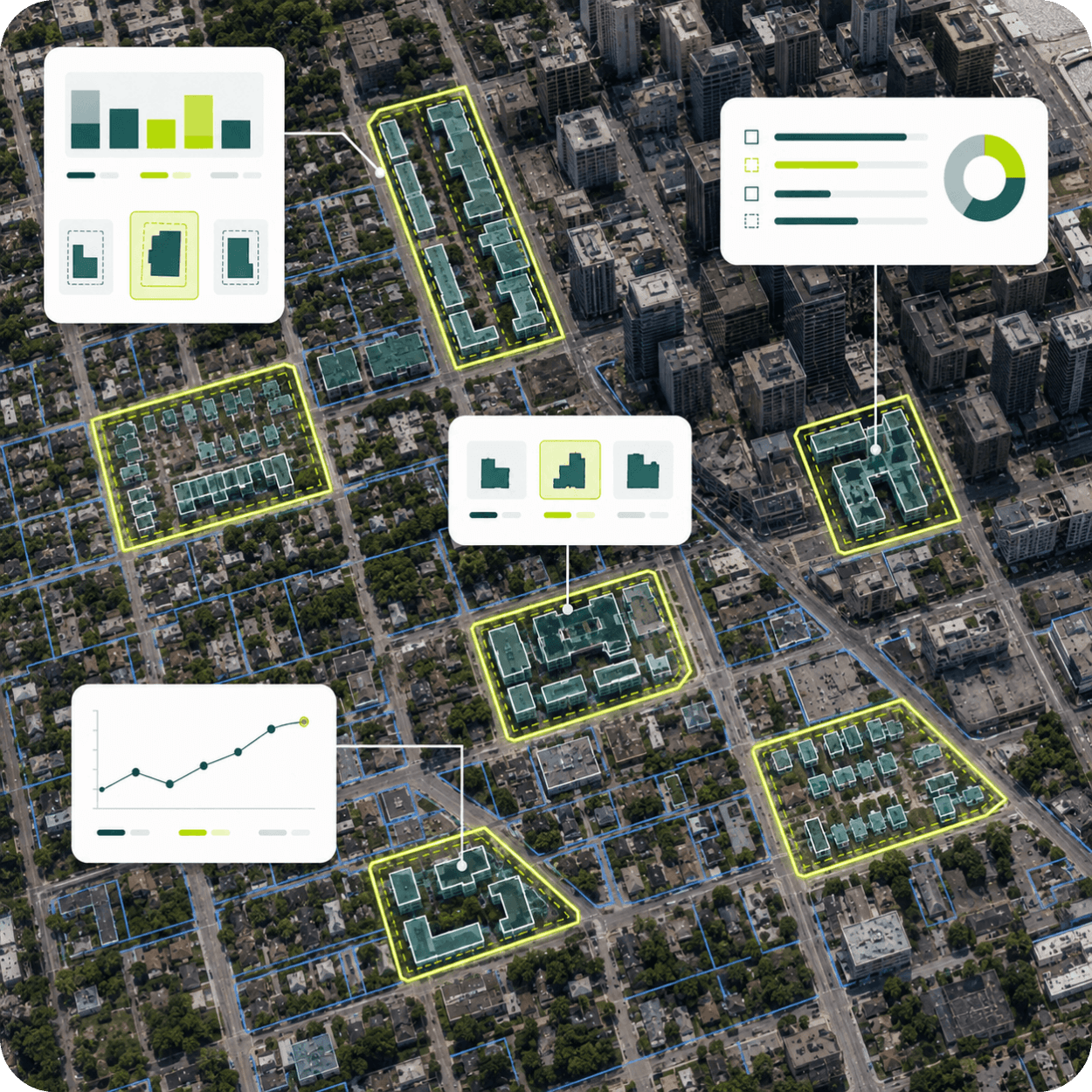An aerial view of a city block with several buildings highlighted in yellow and teal, overlaid with data visualizations including bar charts, line graphs, and pie charts.