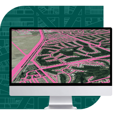 Screen showing roadway polygons on a green background