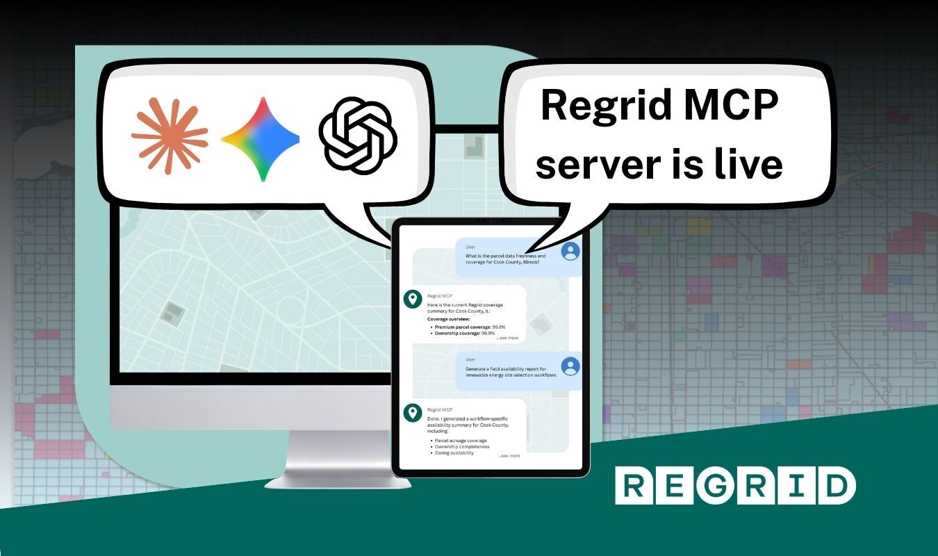 Regrid MCP server live announcement graphic with two speech bubbles, a central tablet showing a web page, a teal city map background, and the REGRID logo at the bottom.