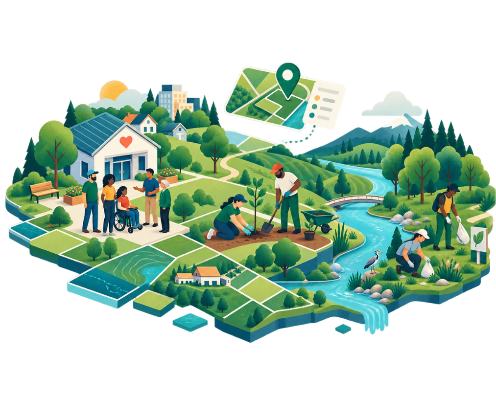 Colorful isometric landscape showing a community working in a garden beside rivers and ponds, with solar panels, houses, trees, and a small map icon overhead.