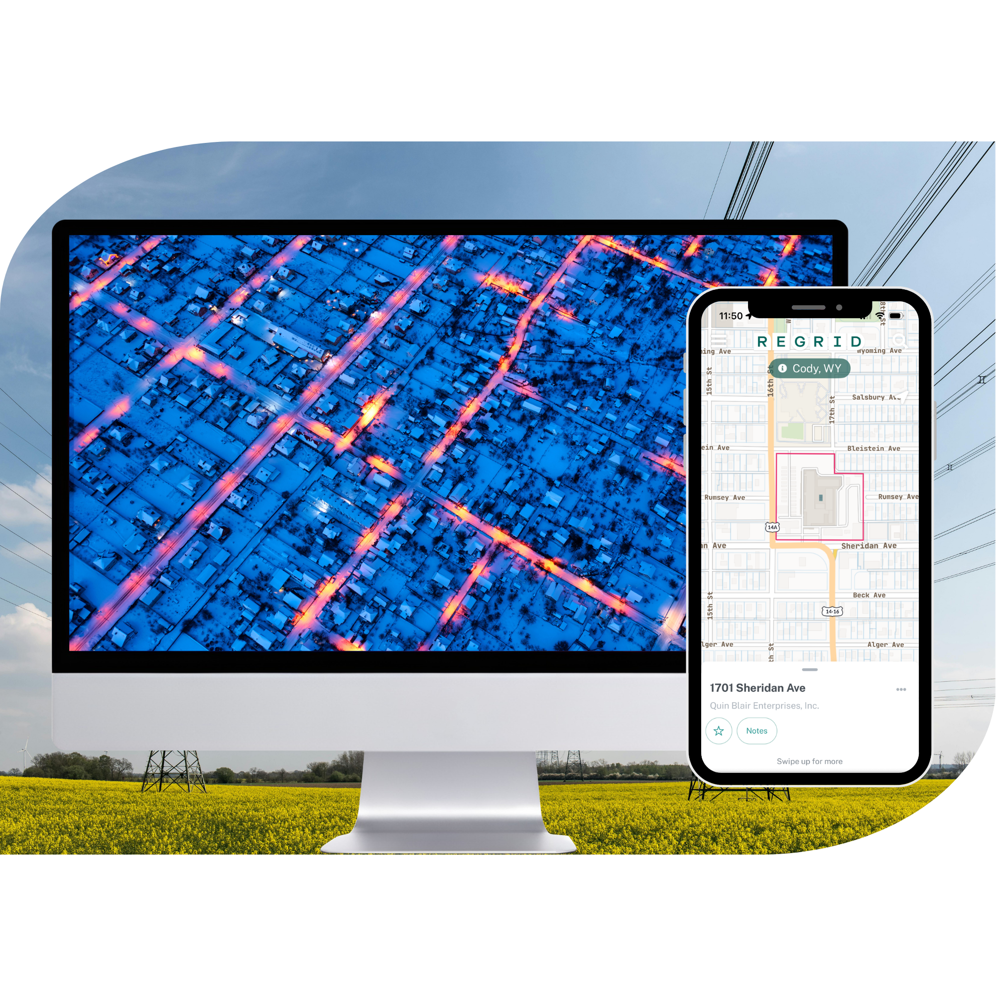 Powerlines overlaid with a computer screen and phone showing the Regrid app
