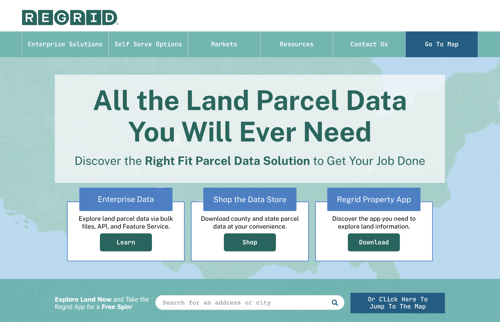 A screenshot of the latest Regrid website homepage. The main image is of our 99.9% US coverage map. The text reads 'All the land parcel data you will ever need. Discover the right fit parcel data solution to get your job done.'