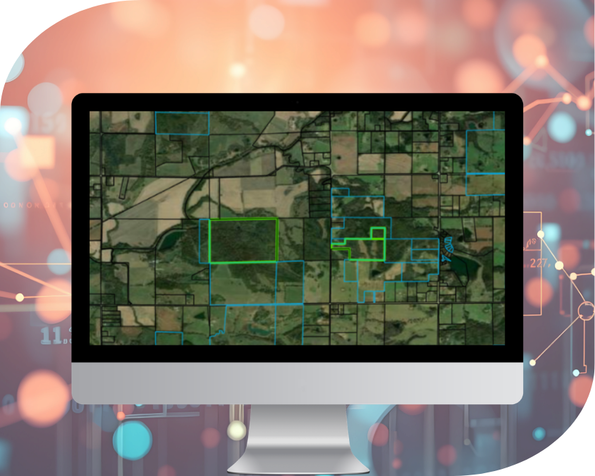 Computer screen showing parcel map overlaid on abstract digital graph with glowing orange and blue circles and lines, representing data and analytics.