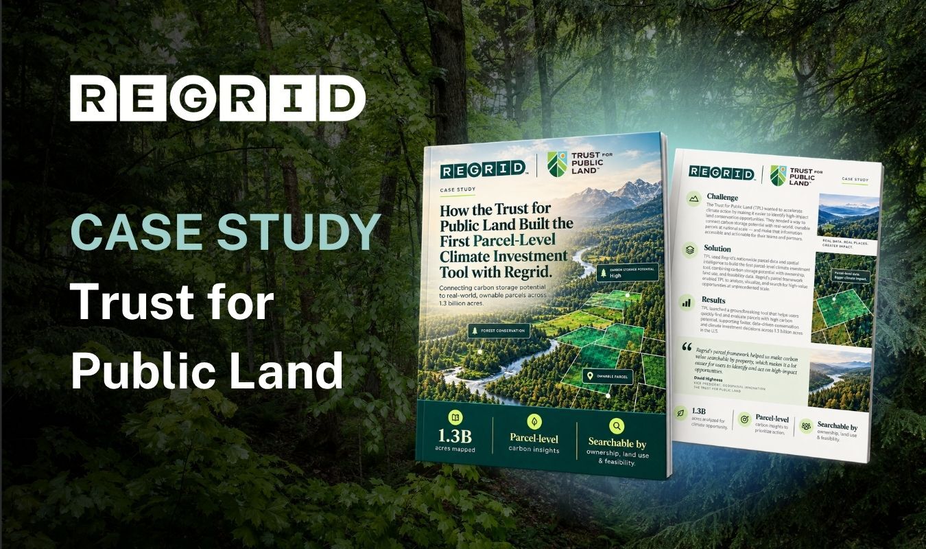 Regrid case study title over a forest background, with two brochures tilted in the foreground showing text and landscape images.