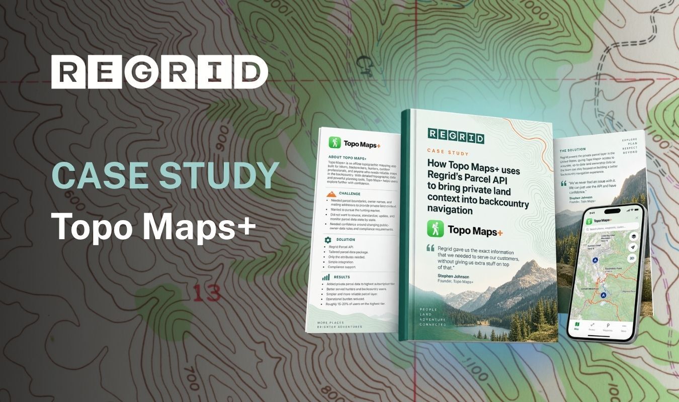 Case study graphic for Regrid titled “Topo Maps+,” showing a topographic map background with three documents and a smartphone displaying a map interface.