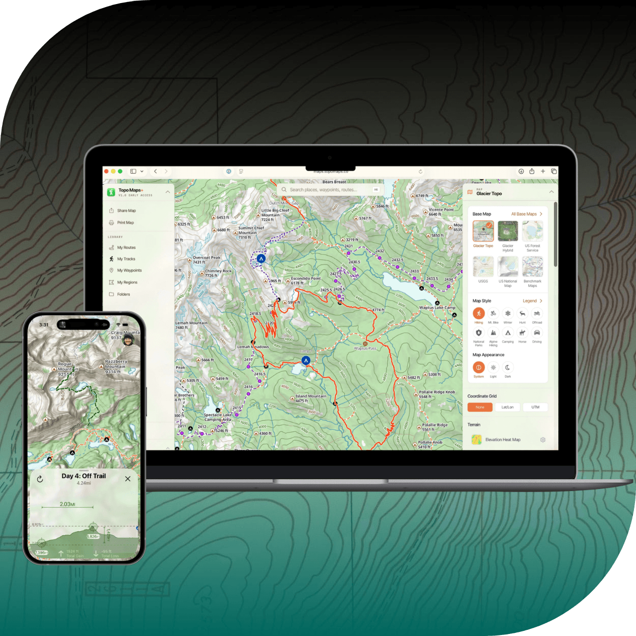 TopoMaps+ app shown on laptop and smartphone-2