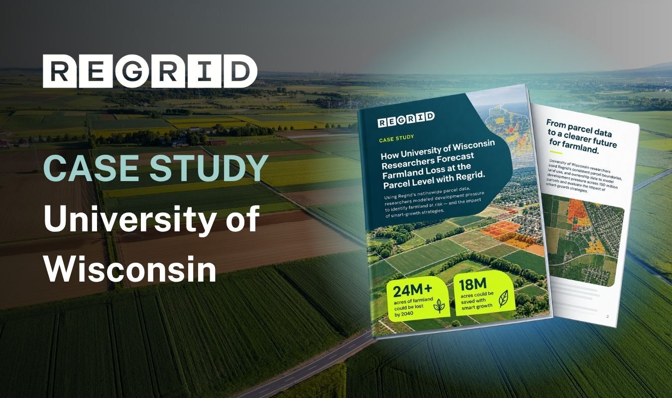 Aerial farmland landscape with a “Regrid” title, “CASE STUDY” and “University of Wisconsin” text, plus three brochure-like panels showing charts and maps.