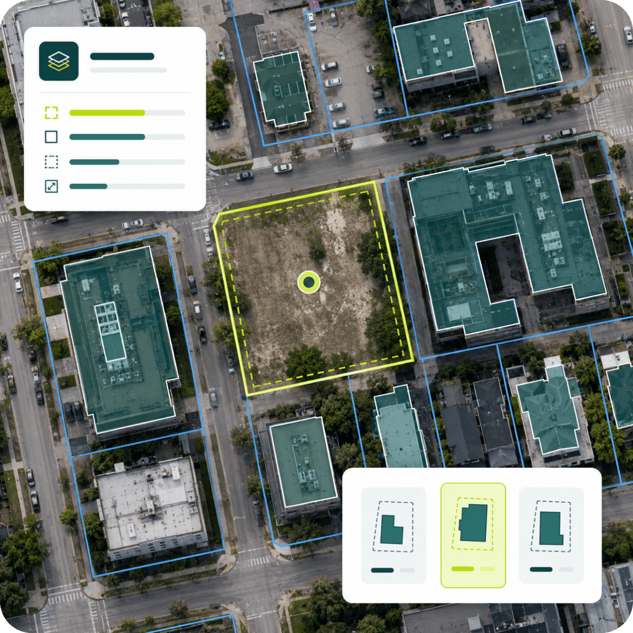 Aerial view of urban land parcels with overlays showing building footprints and property lines, a digital interface displays layers and building shape options.