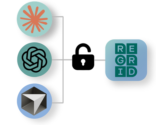 AI icons connected to an unlocked lock which leads to the Regrid logo
