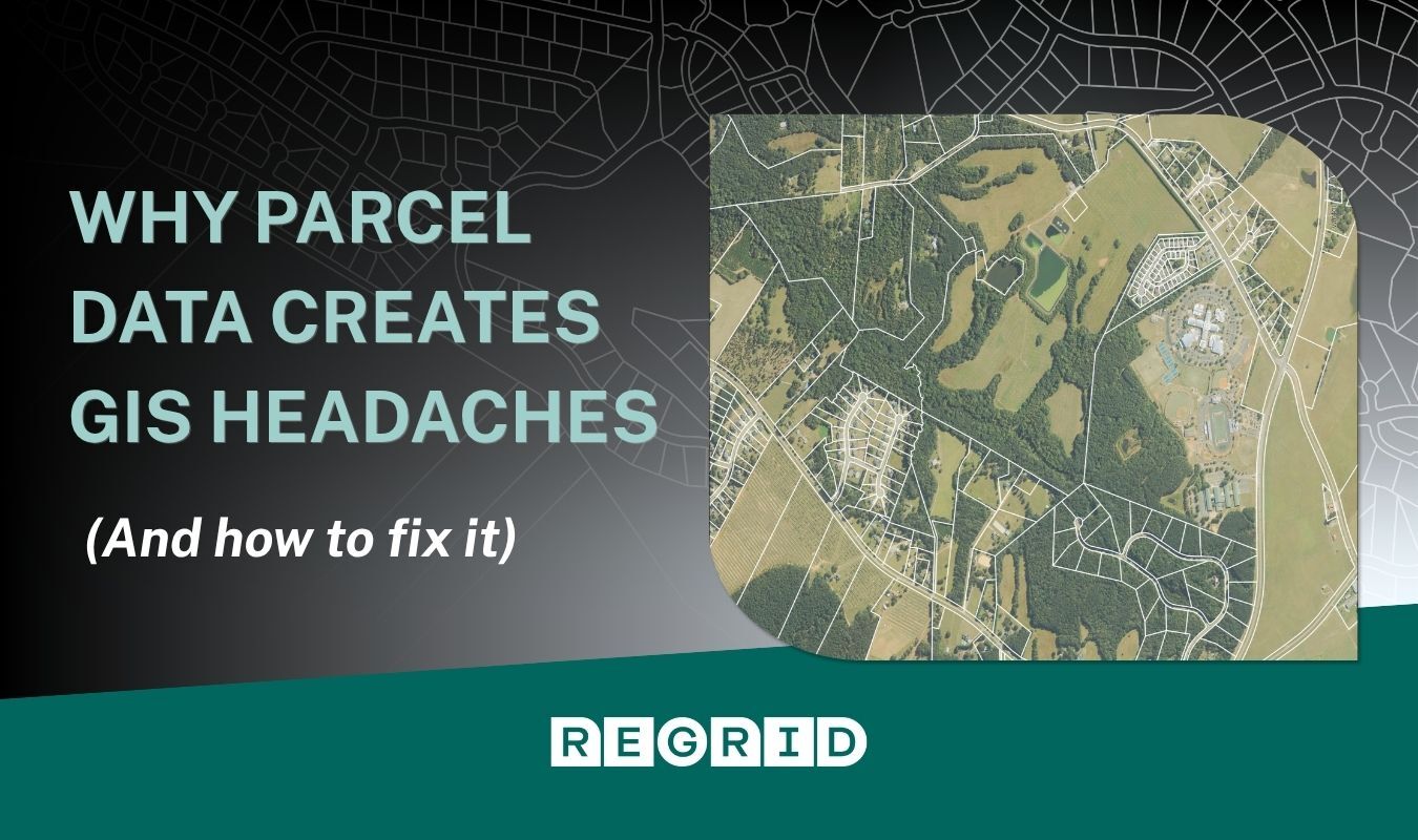 Parcel map background overlaid with title and Regrid logo and aerial image with parcel fabric overlaid