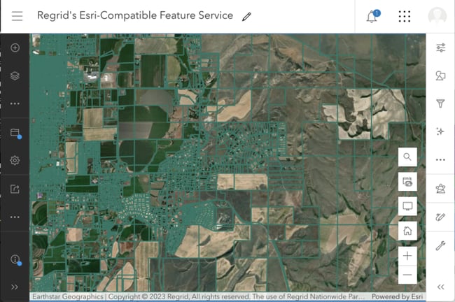 A view of land parcel boundaries streamed into Esri's ArcGIS Online software via Regrid's Feature Service.