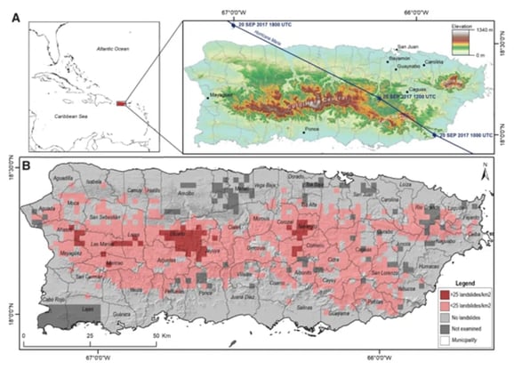 Topo map, rainfall amounts, and Hurricane Maria's path across Puerto Rico