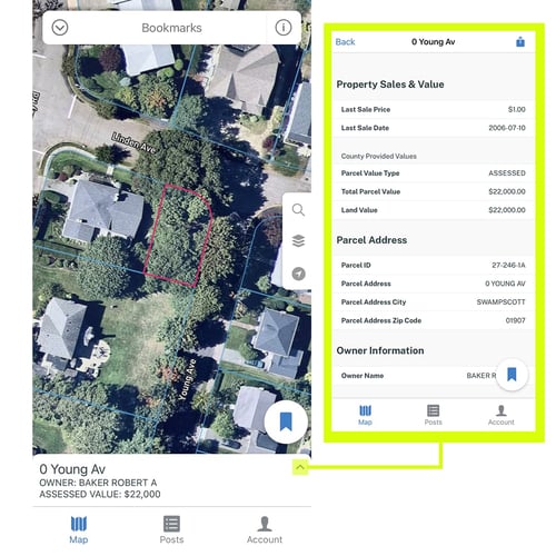 Regrid Property App with a parcel selected in the satellite view. Parcel details window is pulled up on the right.