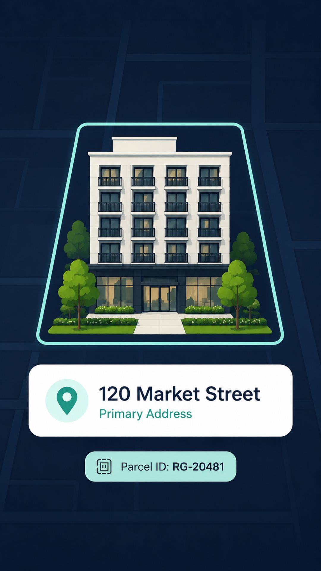 A graphic showing a building at 120 Market Street