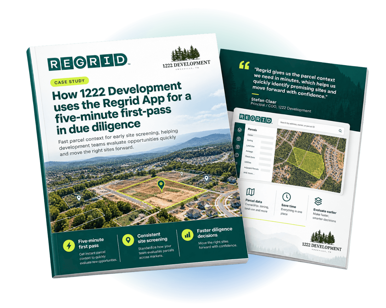 Two brochures showing a case study titled “How 1222 Development Uses the Regrid App for a Five-minute first-pass in due diligence” Two brochures showing a case study titled “How 1222 Development Uses the Regrid App for a Five-minute first-pass in due diligence”