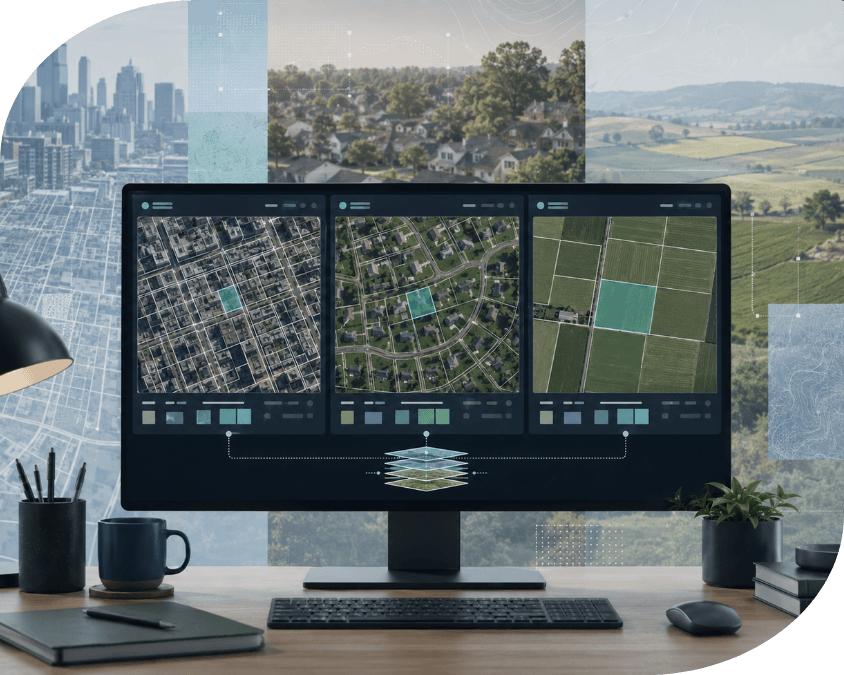 A desktop monitor shows a multi-panel map dashboard with satellite and street views, alongside a keyboard and mouse on a desk, with a city-and-landscape collage background behind the screen.