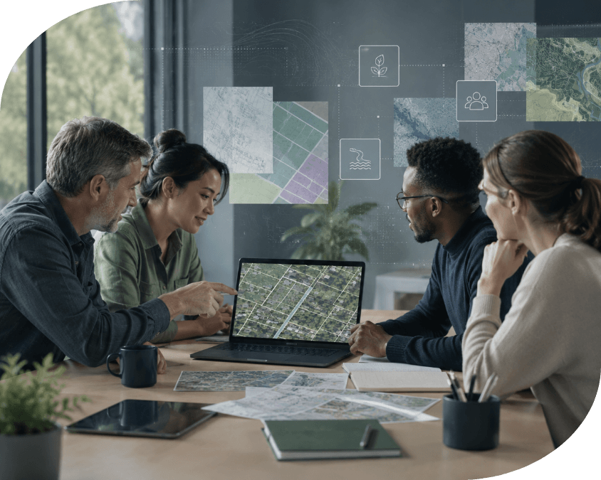 A group of people in a meeting room review a map on a laptop around a table with printed charts, while a digital planning screen with icons and satellite-style map overlays is displayed in the background.