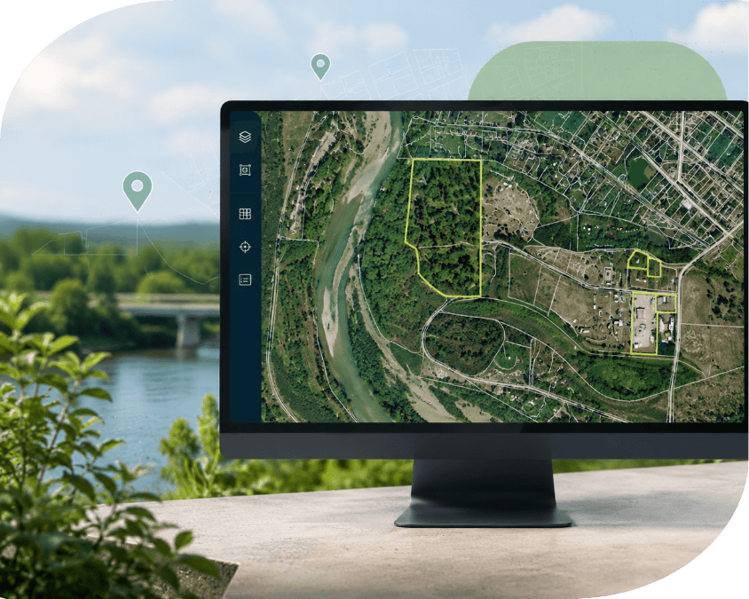 A desktop monitor on a table shows an aerial map with highlighted areas and route lines, with a river and green landscape in the background under a blue sky.