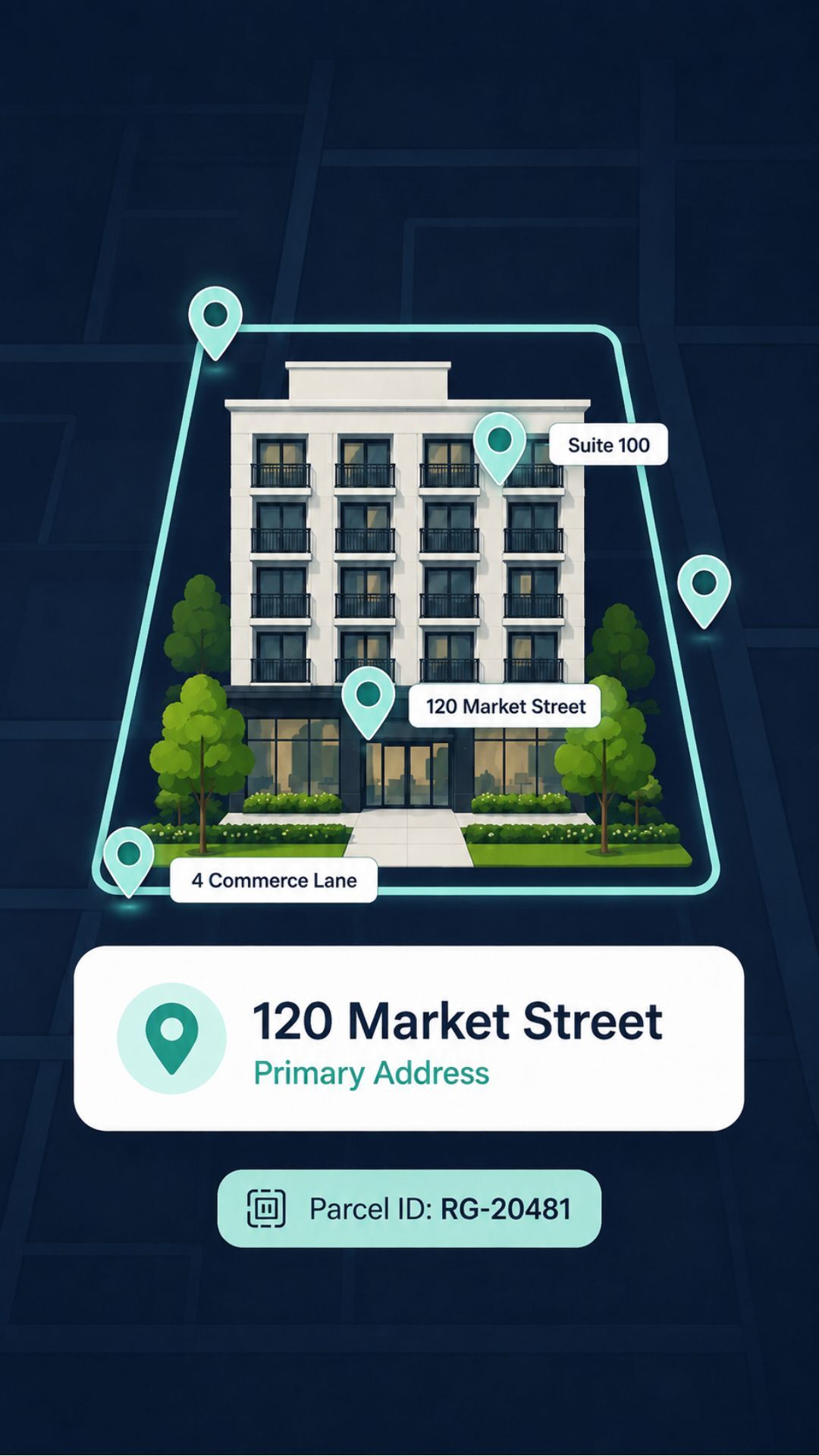 A digital illustration showing a building at 120 Market Street with pins marking its location and nearby addresses 