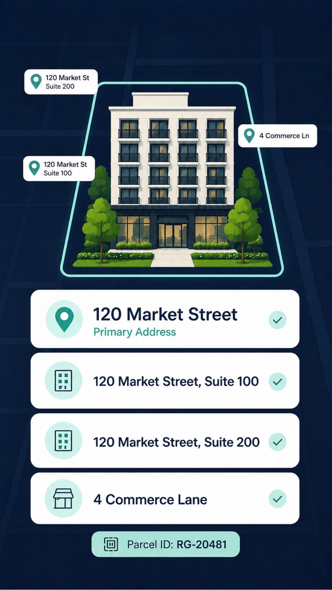 A digital map interface shows a building with multiple addresses listed below
