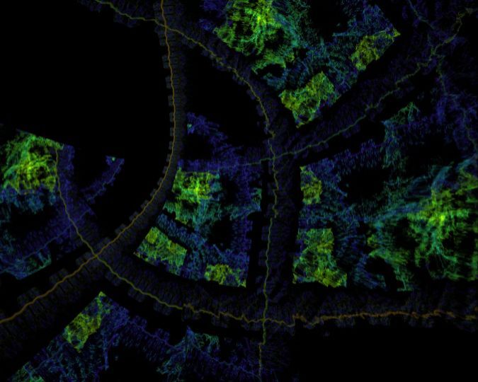 Aerial false-color image depicting land and waterways